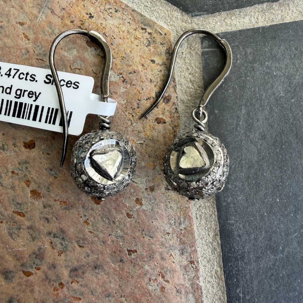 Diamond Slice Pave ball Sterling Silver Drop Earrings 3.47 carats